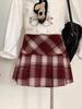 2025 Autumn/Winter Red Plaid Wool High-Waisted Pleated Skirt with Anti-Exposure Feature
