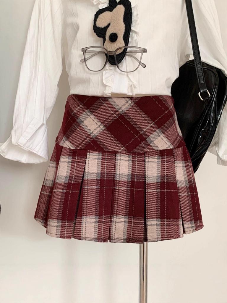 2025 Autumn/Winter Red Plaid Wool High-Waisted Pleated Skirt with Anti-Exposure Feature