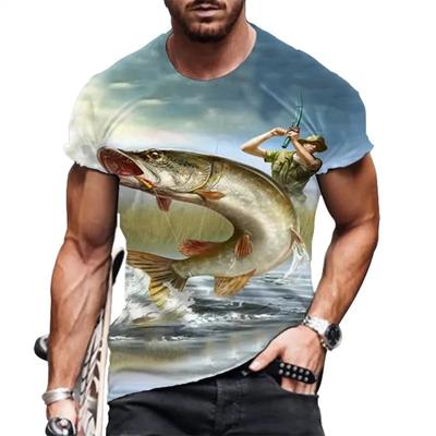 Maglietta da pesca in mare da uomo alla moda, oversize, traspirante, casual, a maniche corte, con stampa 3D di pesci, di grandi dimensioni, comoda, da uomo