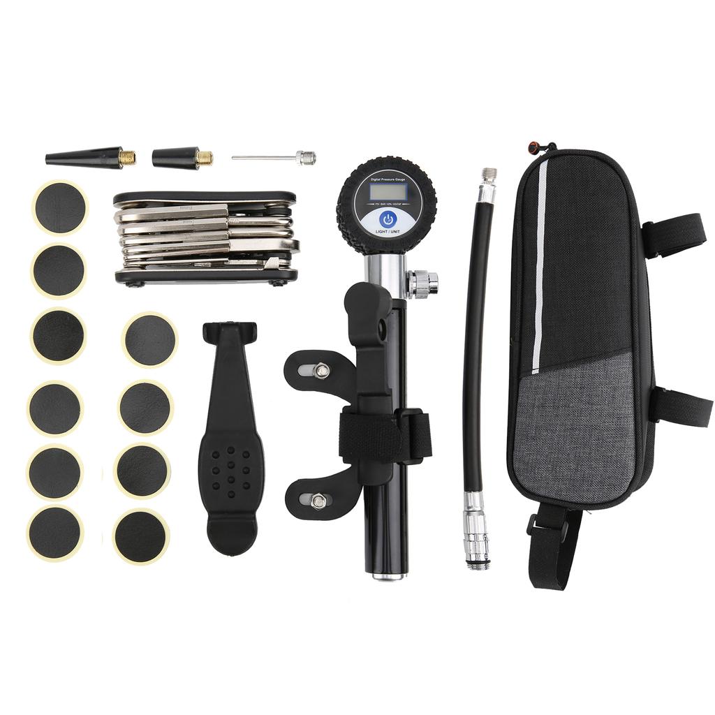 Zestaw narzędzi do naprawy opon rowerowych, przenośny, outdoor, cyfrowa pompka, igła do pompowania, łatki naprawcze, zestaw kluczy
