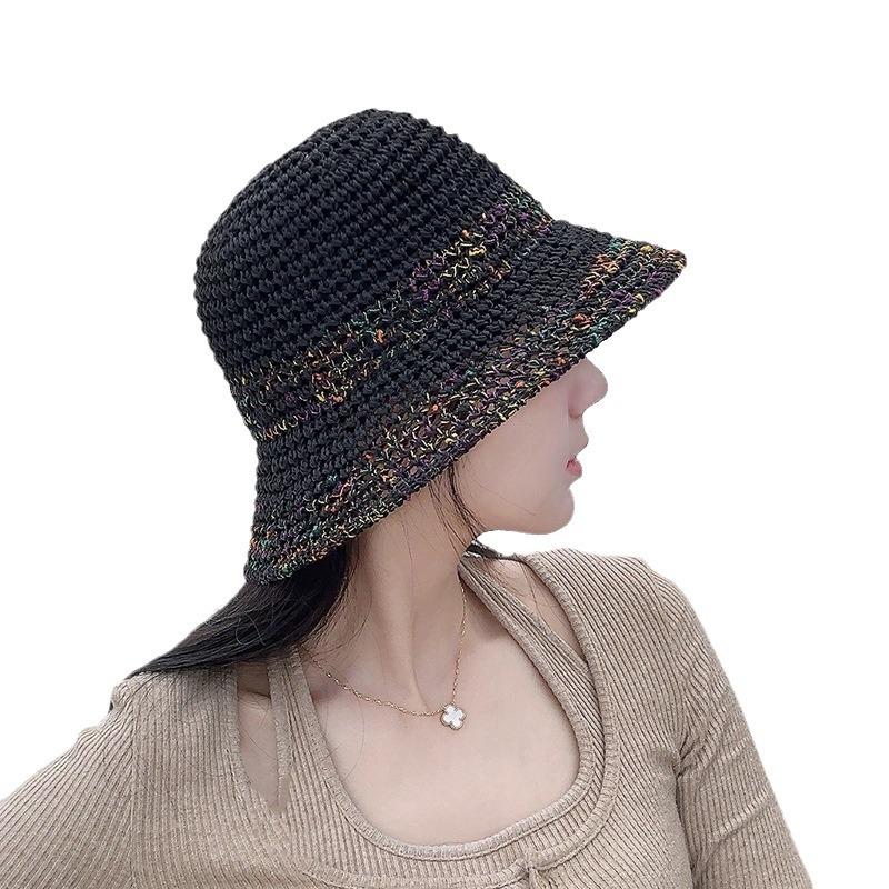 Women's Summer Straw Woven Fisherman Hat with Contrast Stripes Hollow Wide Brim Sun Protection Hat for Outdoor Travel Vacation Face-Covering Sun Hat