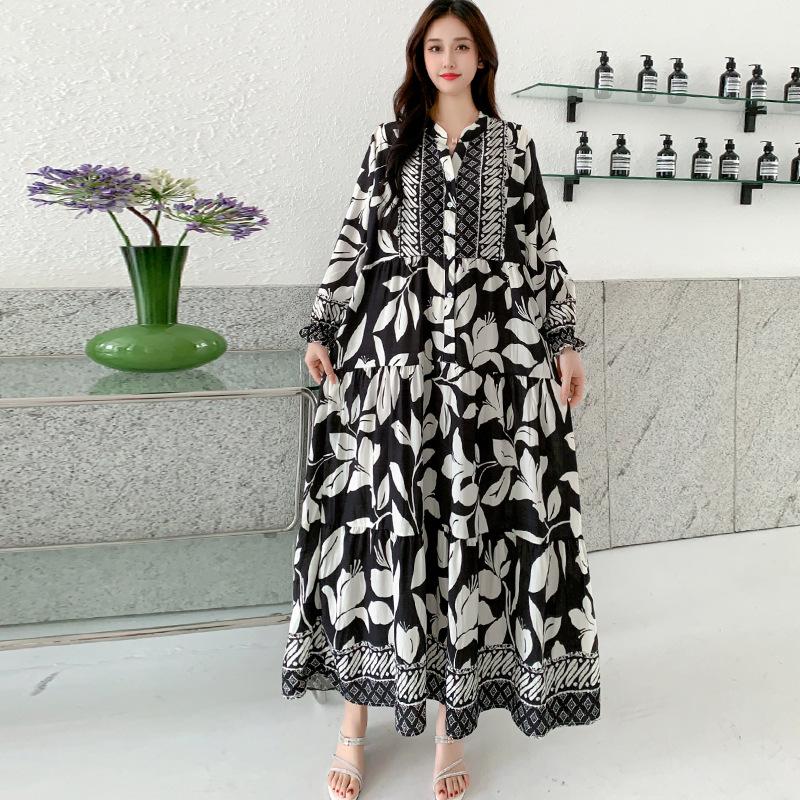 South East Asia People Cotton Floral Long Dress Bohemian Long Sleeve Loose Dress Fat Girl Plus Size Maternity Skirt