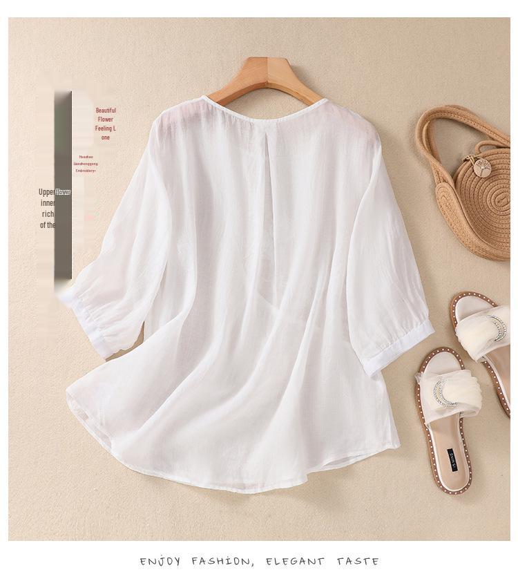 2023 Women's Literary Embroidery Cotton Linen Blouse - Summer Loose Pleated Pullover