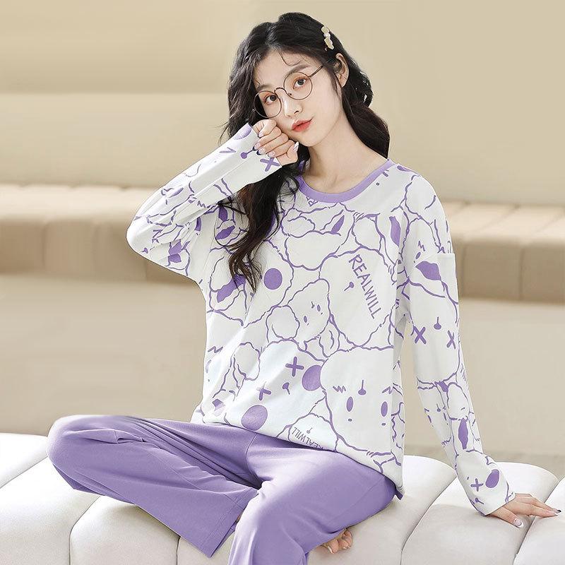 Autumn and Spring Long-Sleeve Women's Home Wear Pants Cartoon Set Pajamas for Ladies