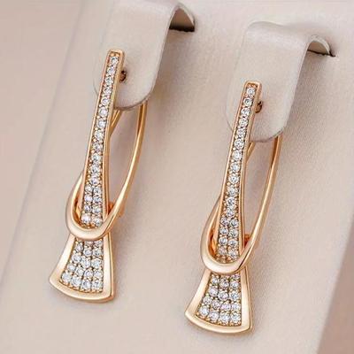 1 Pair Innovative Geometric Design Rose Gold Color Zircon Drop Earrings for Women Fashion Daily Fine Jewelry Gift