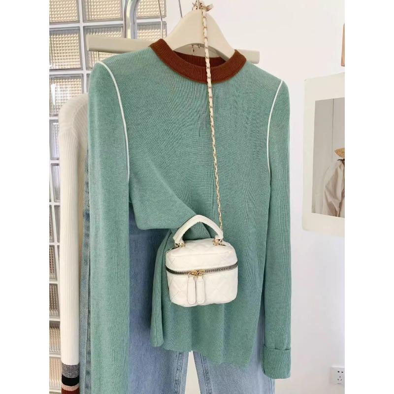 

Весенний вязаный свитер с контрастной цветной вставкой, женский пуловер с длинным рукавом, дизайн топа, нижняя рубашка XL зелёный