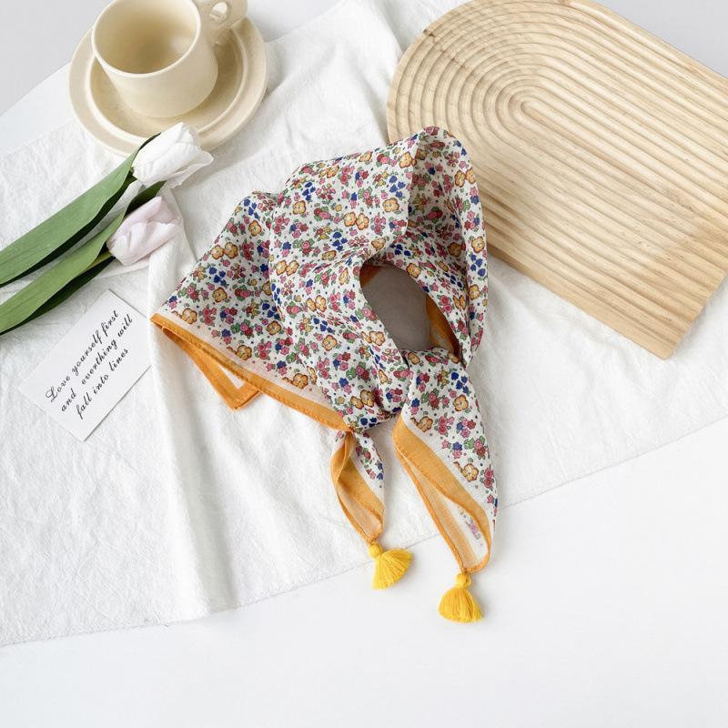 Small Fresh And Sweet Silk Scarf Square Scarf High-End Cute Style With Cotton And Linen Small Square Scarf Women'S Scarf Fringed Pendant