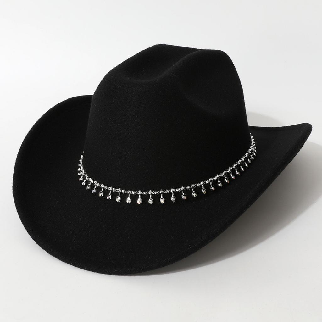 Women's Unisex Western Cowboy Hat with 3D Round Gems, Rhinestones, Rivets, and Chain Decorations, Wedding Party Hat