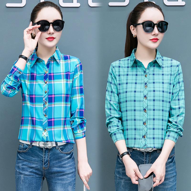 Geruit Overhemd Dames Honderd Dames Tops Los Retro Hong Kong Smaak Lange Mouw Overhemd