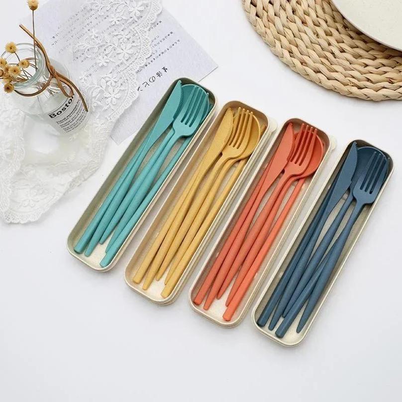 4 Pcs Wheat Straw Dinnerware Set Portable Tableware Knife Fork Spoon Eco-Friendly Travel Cutlery Set Utensil Box Chopsticks Set