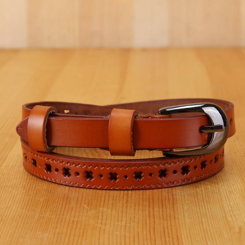Trendy Ladies Leather Belt With Hollow Pattern And Metal Buckle For Denim Pants