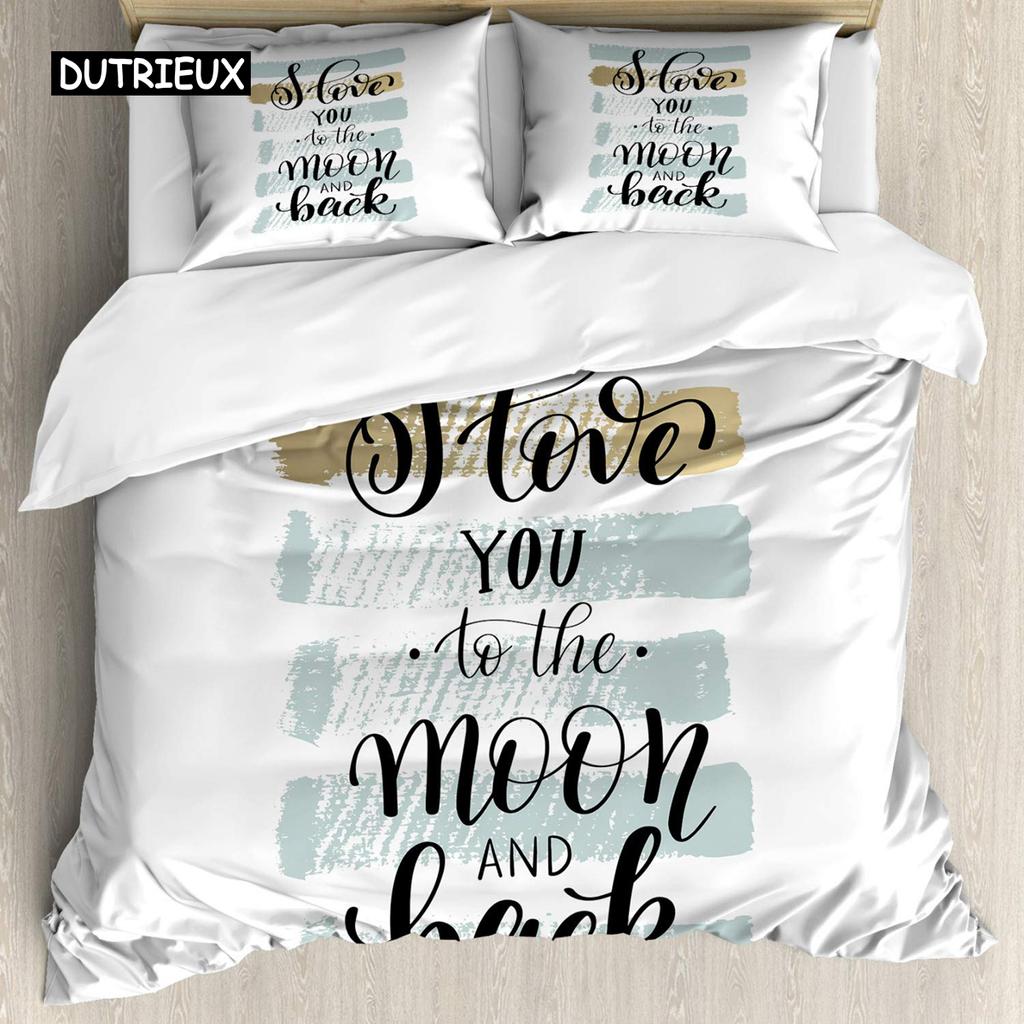I Love You Duvet Cover Hand Drawn I Love You To The Moon and Back Words with Stars Celebration King Size Polyester Bedding Set