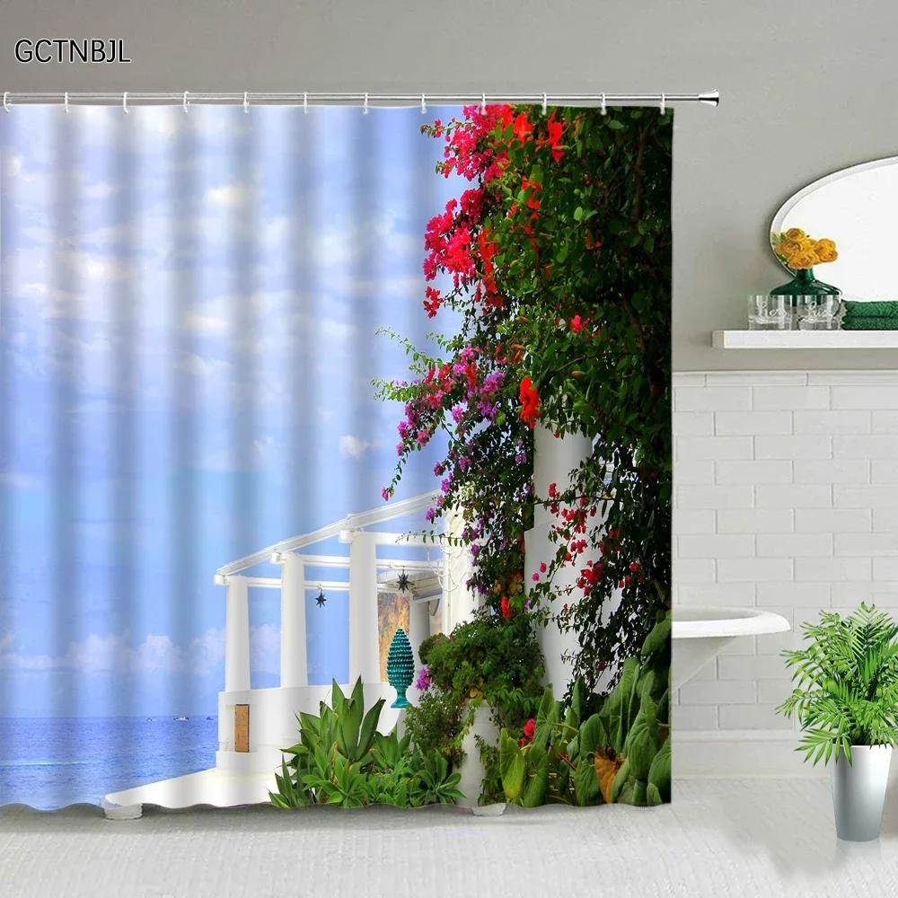 3D Europe Seaside Town Shower Curtain Flower Vine Courtyard Nature Scenery Polyester Fabric Home Decor Hook Bathroom Accessories