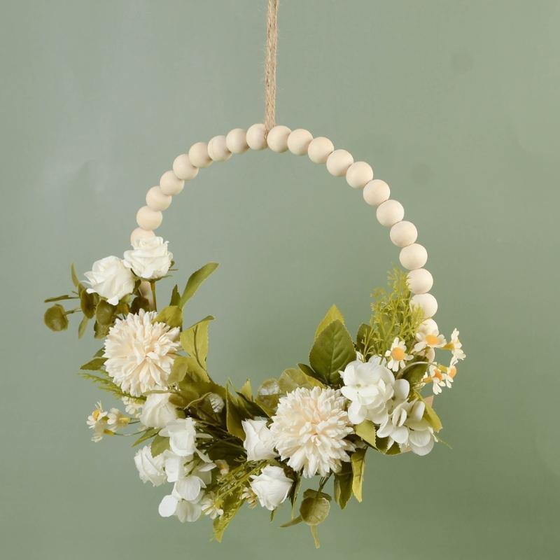 Artificial Flower Wood Beads Wreath Spring Wreath Decoration for Front Door Farmhouses Wedding Thanksgiving Decoration