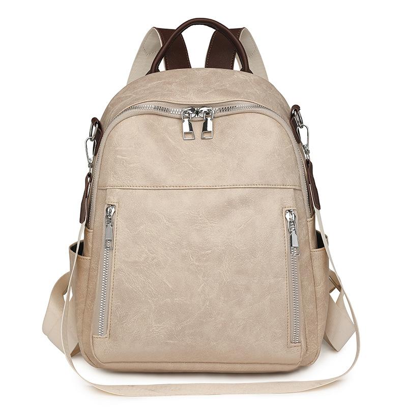 

Women s Backpack Soft Leather Backpack Large Capacity Commuter Travel Bag бежевий