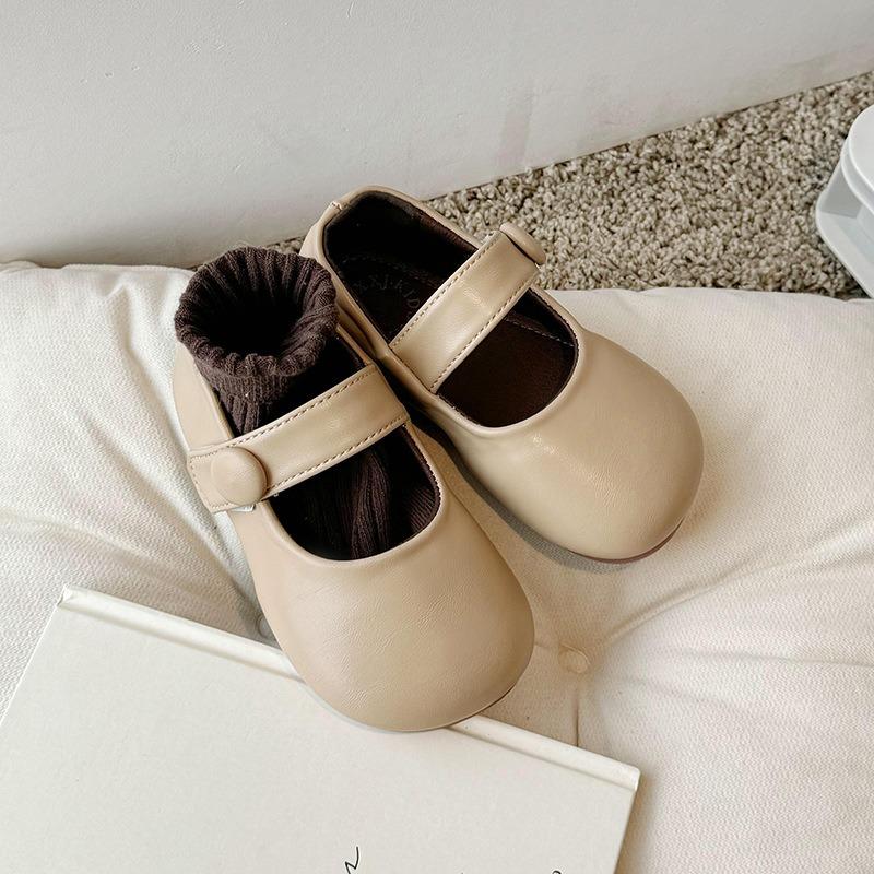 Girls Korean Style Retro Vintage Princess Leather Shoes Velcro Soft Sole Flat Shoes