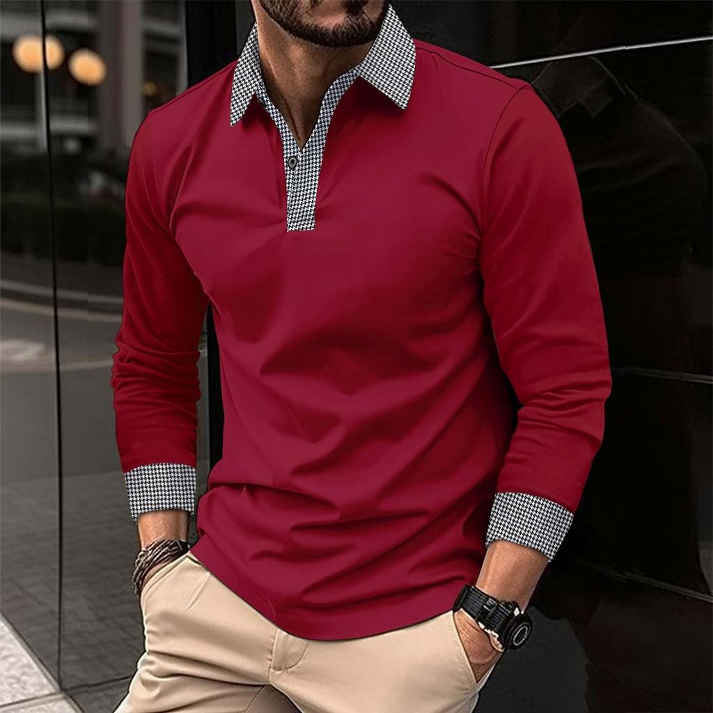 Long Sleeve Polo-Shirts For Men Plaid Collar Shirt Golf Tees Basic Casual Tops Trendy Tshirt Lightweight Regular Fit