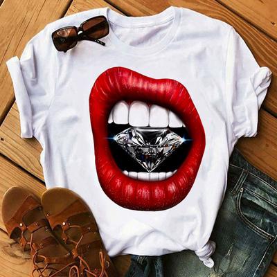 Diamant Im Roten Mund Print T Shirt Frauen T Shirt Kurzarm Tops Weibliche Graphic Tee Shirts Damen Mode T-shirt tops
