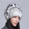 Winter Women's Warm Fashion Thick Wool Hat Rex Rabbit Fur Hat Knitted with Side Flower Hat