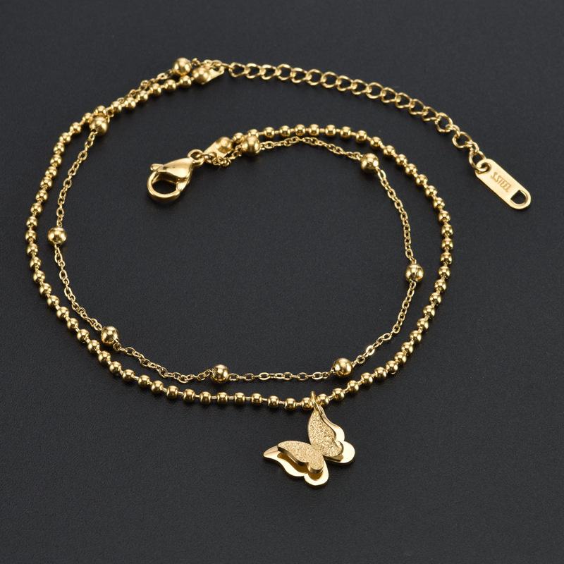 316L Stainless Steel New Fashion Jewelry 2 Layer Matte Butterflies Charm Beaded Anklet For Women Foot Chain Bijoux Femme