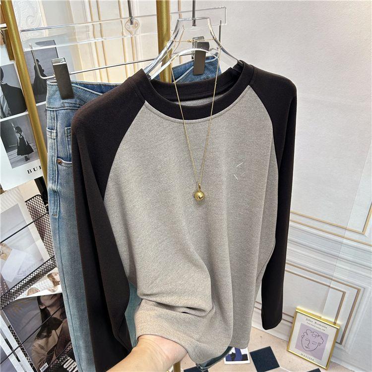 

De Rong Base Shirt Women Contrast Color Плечо Корейский Свободный и Тонкий Двусторонний Бархат Повседневный Длинный Рукав Футболка Топы XXL светло-серый