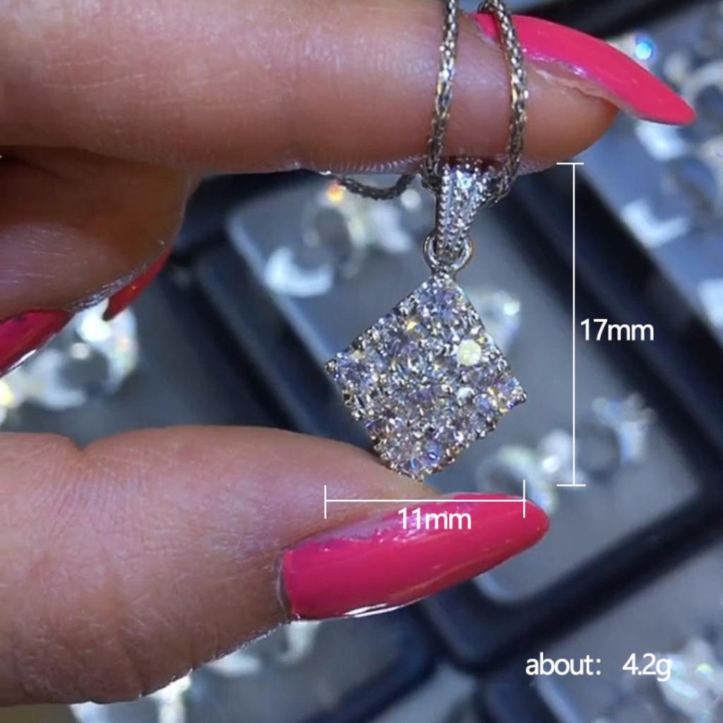 Square Full Paved Cluster Pendant with Paved Bail Women Twisted Rope Chain Clavicle Necklace
