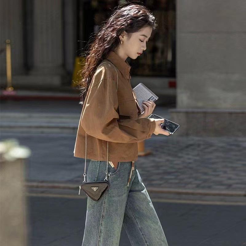 

Design Sense Vintage Short Jacket: 2023 Spring/Autumn, Long Sleeve, Solid Color Petite Shirt for Women L кавовий