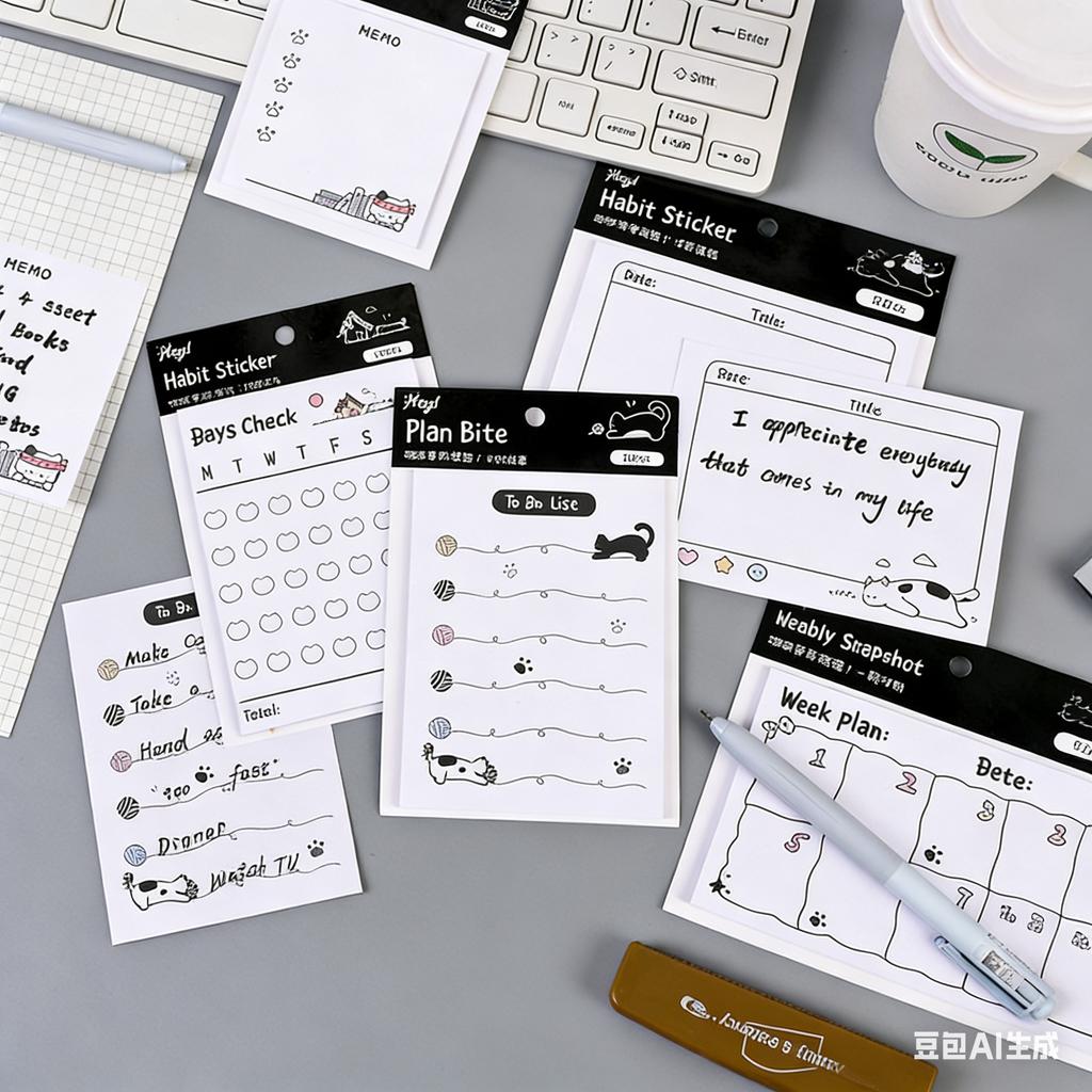 Kawaii Stationery High Quality Self Adhesive Reminder Feline Sticky Notes Portable Black White Notepads For Office Students Home