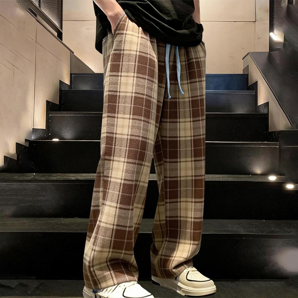 Men's Loose Comfortable Casual Fashion Tartan Print Wide Leg Pants With Drawstring