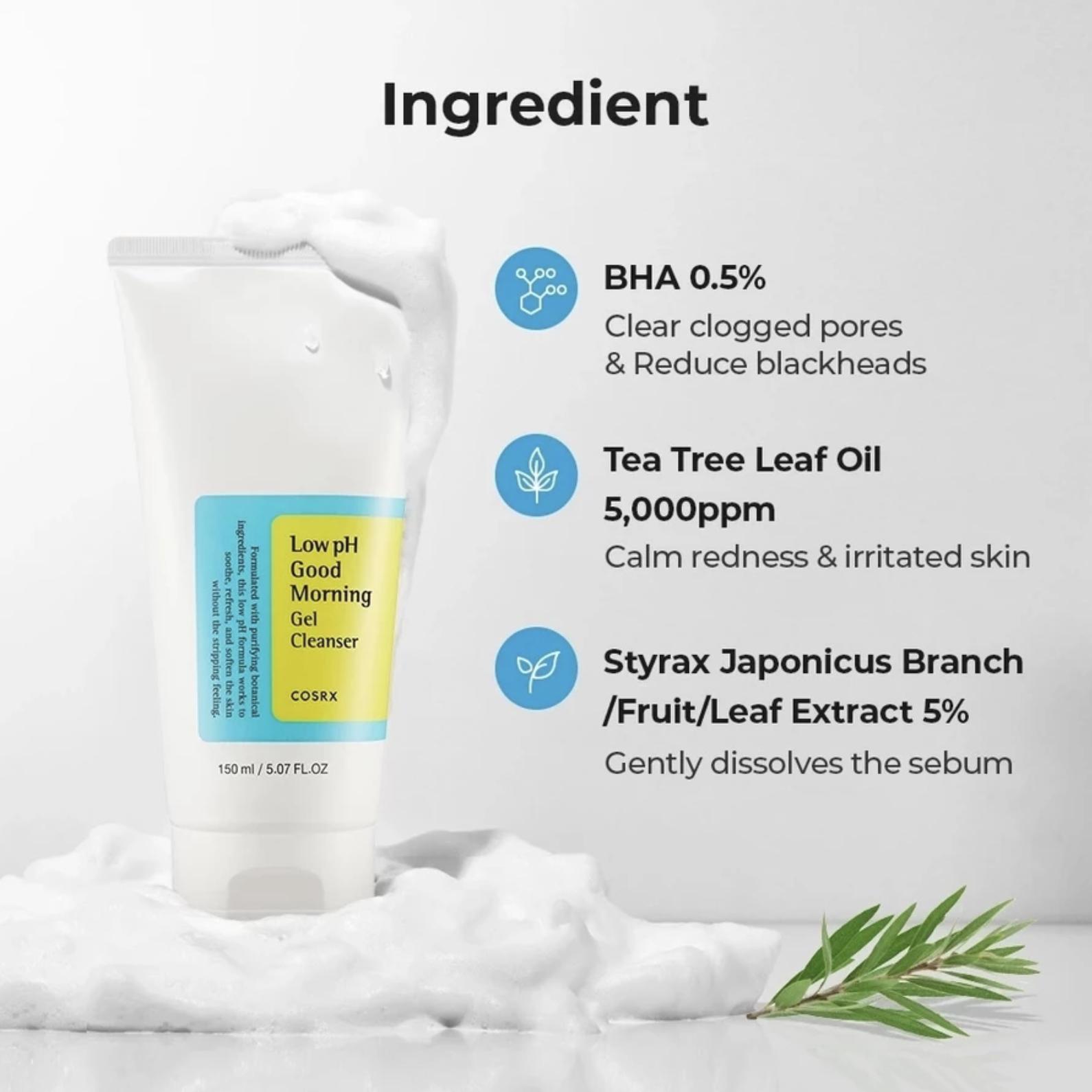 

COSRX Гель для умывания с низким pH Good Morning 150 мл, BHA 0,5%, Масло листьев чайного дерева 0,5%, Ежедневное мягкое очищающее средство для чувствительной кожи 150ml прозрачный