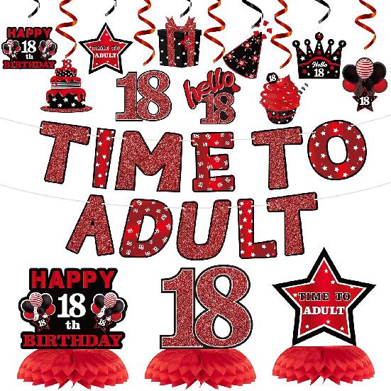 WATINC 26pcs 18th Blue Black Birthday Banner Party Decorations Set, Time To Adult 18 Birthday Decorations Hanging Swirls Banner Honeycomb красный черный