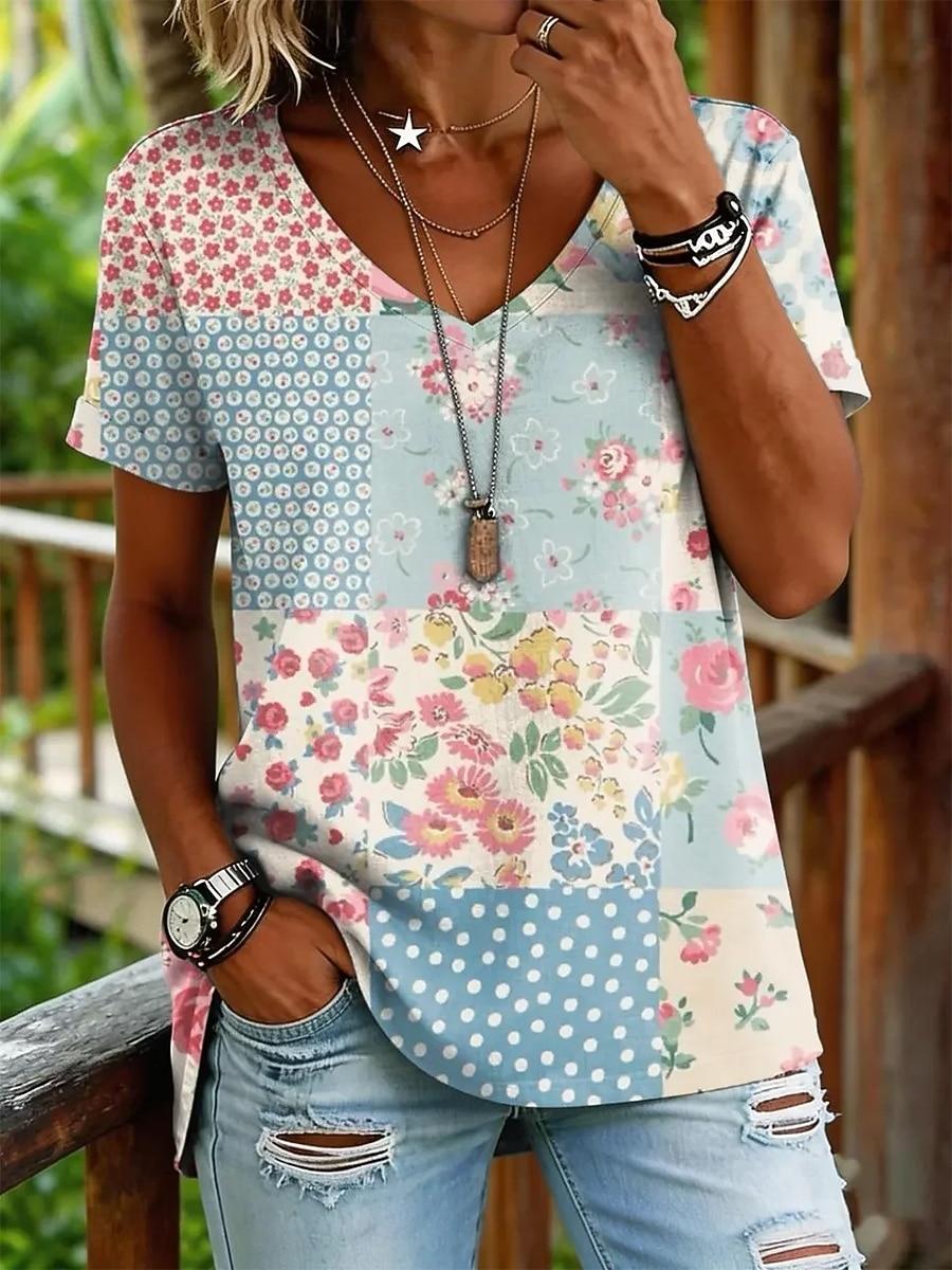 

Women s T Shirt Print Graphic Geometry Vintage Stylish Classic Short Sleeve V Neck Regular Tops Casual Daily Going out Blue Yellow Gray Summer Spring XL