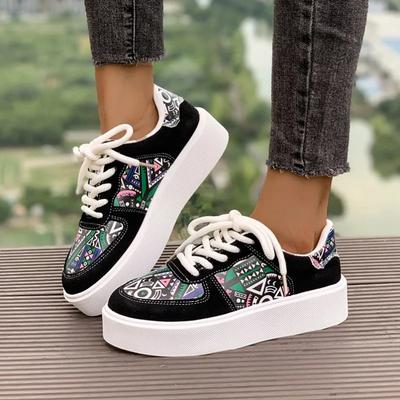 European and American Casual Single Shoes  Autumn New Print Color Blocked Thick Sole Anti Slip Large Size Women's Shoes