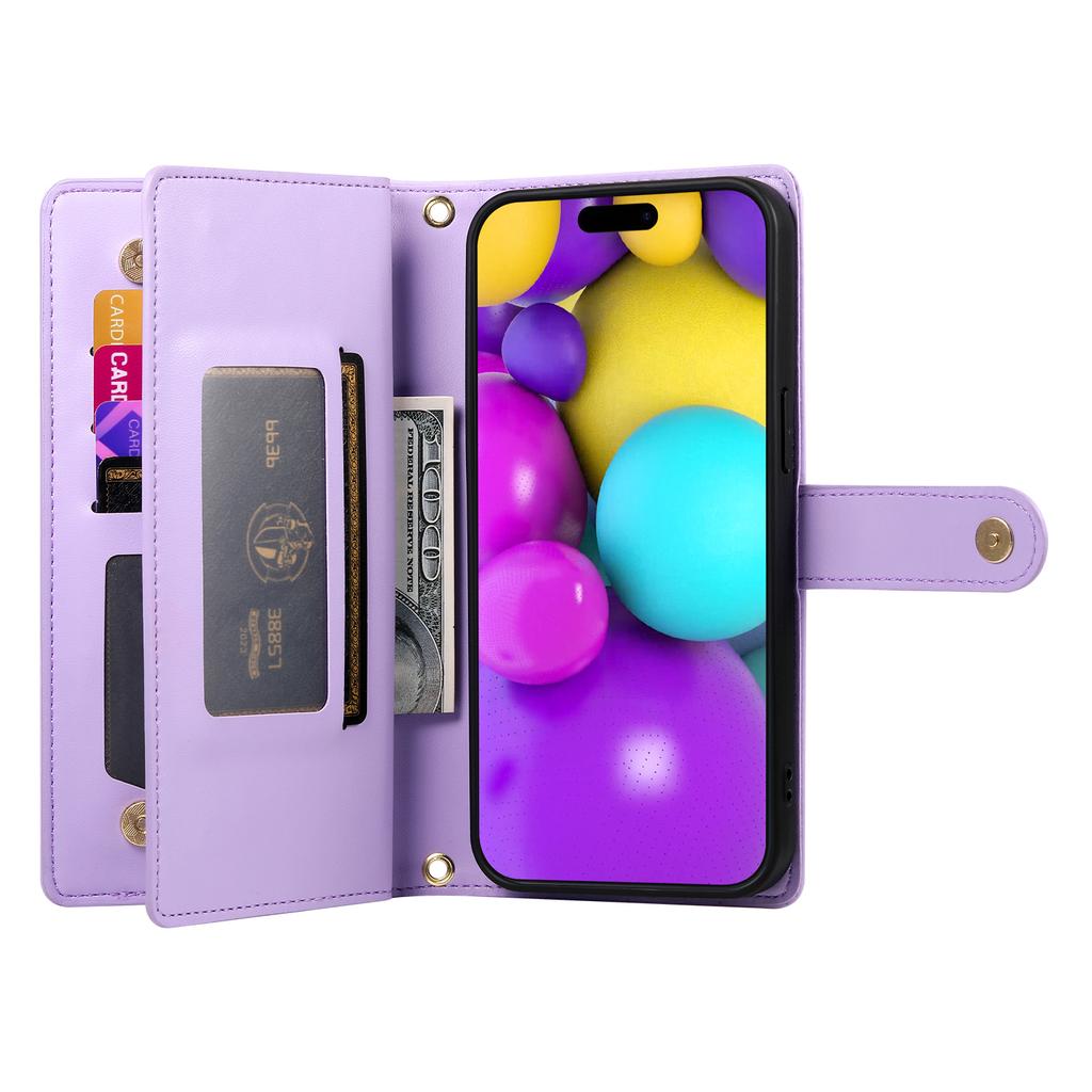 DF-011 For iPhone 16 Case Anti-Drop Leather Wallet Phone Cover with Long / Short Straps