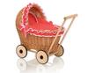 Rieten poppenwagen met rode bekleding en zachte voering - naturel