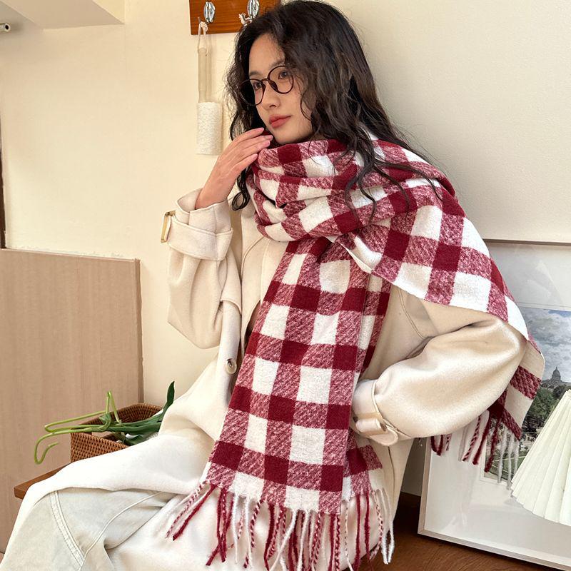 Women's Red Plaid Cashmere-Like Scarf Shawl - Warm, Versatile, Fashionable for Autumn and Winter