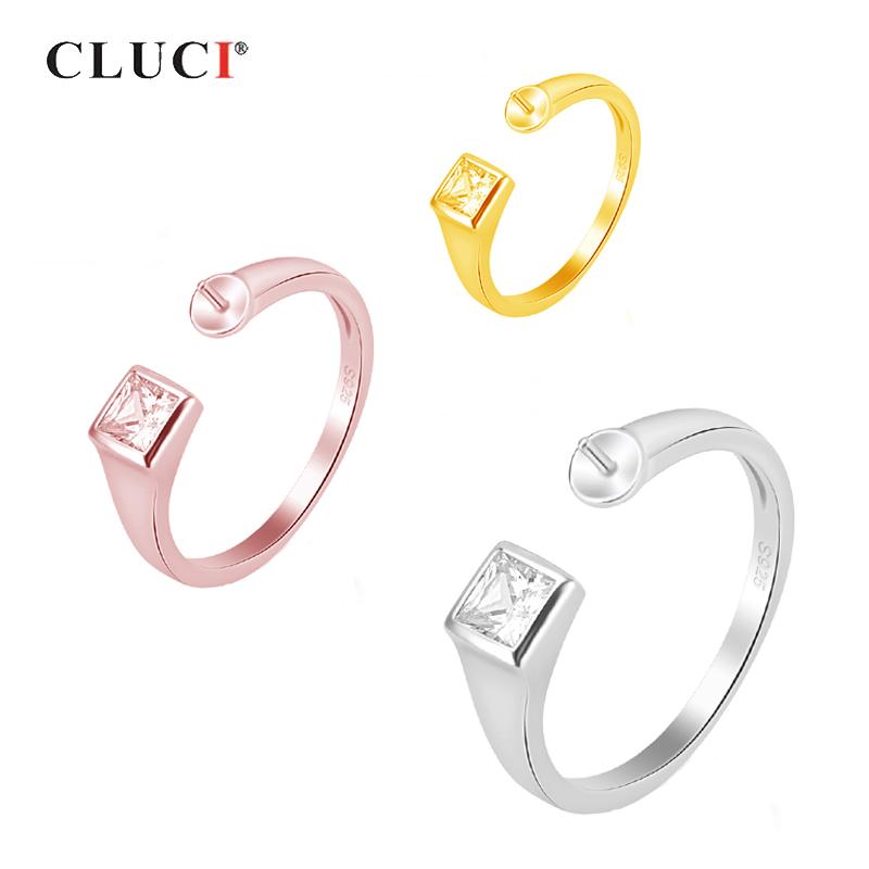 

CLUCI Silver 925 Open Zircon Pearl Ring Mounting for Women Engagement Real 925 Sterling Silver Adjustable Rings Jewelry SR2104SB resizable розового золота