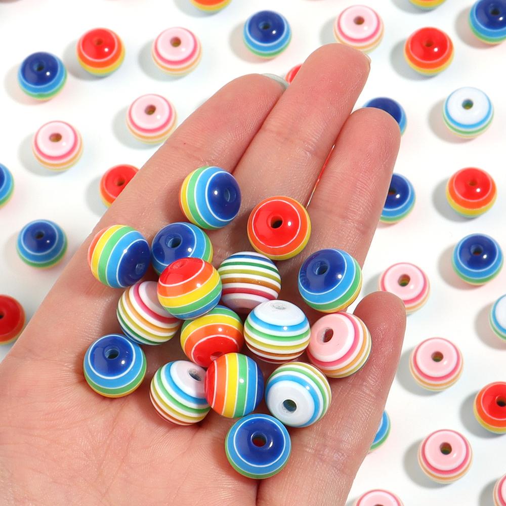 50pcs/Lot Resin Rainbow Beads Stripe Flat Round Loose Spacer Bead for DIY Bracelet Necklace Handmade Jewelry Accessories
