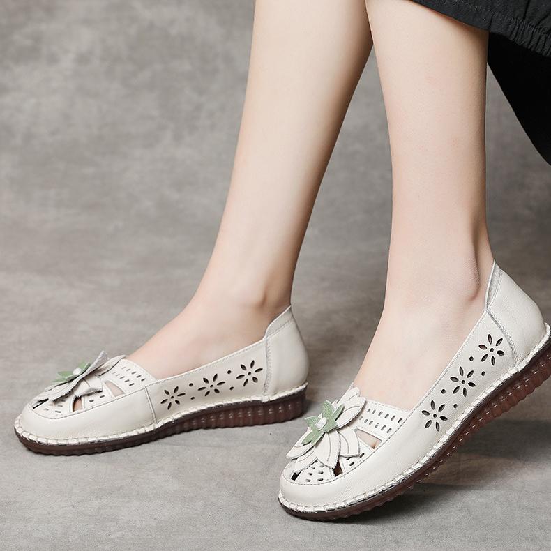 Johnature Ethnic Style Hollow Breathable Flat Sandals Genuine Leather Round Toe Soft Sole Women's Slip-on Shoes