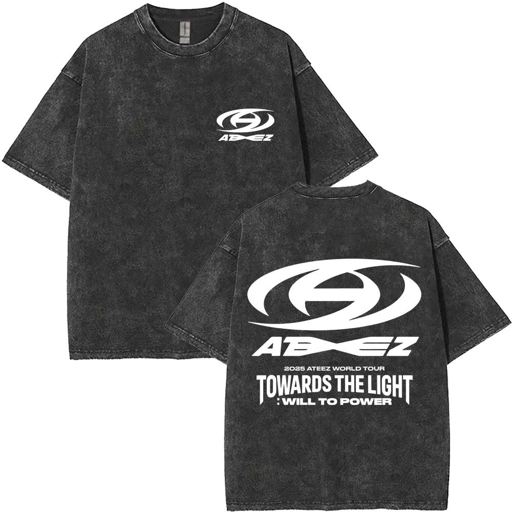 Washed Vintage Kpop ATEEZ "FlX ON" Merch T-shirt Men Women Korean Fashion Trend T Shirts Men's Casual Oversized Cotton T-shirts