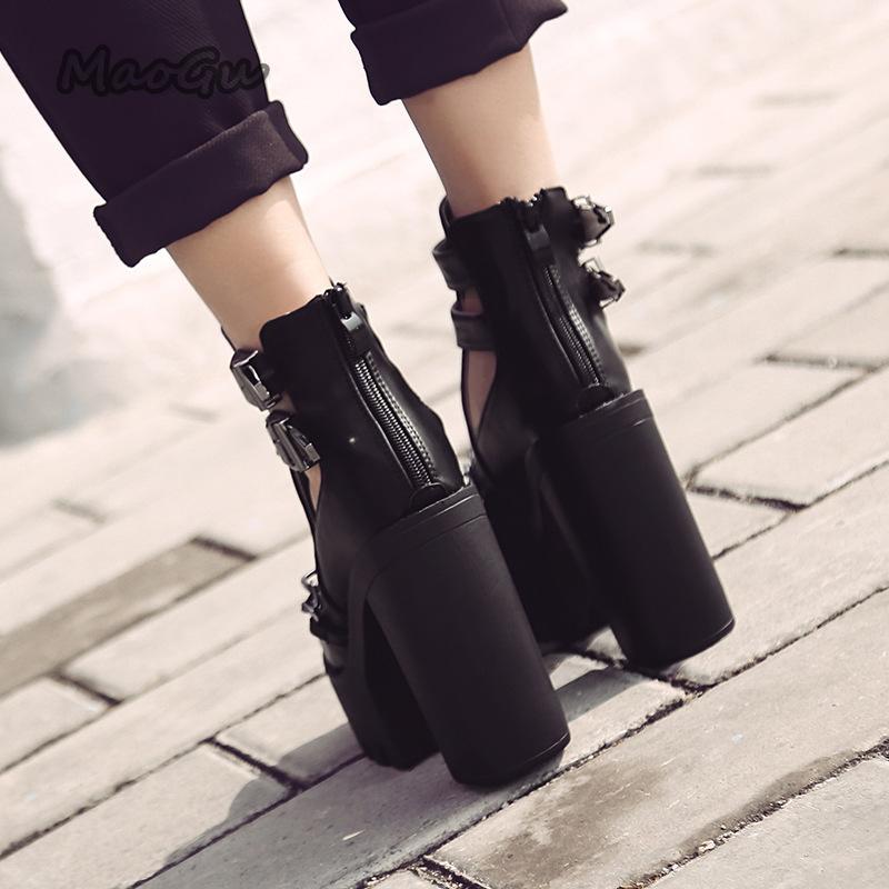 Punk Style Women's Short Boots Super High Heel Black Pumps Chain Decor Buckle Strap Booties Woman 2026 Platform Shoes Size35 42