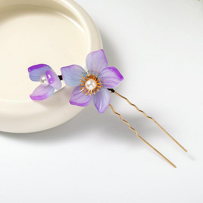 

Фиолетовый Цветок Гребни для Волос Китайские Заколки Зажимы Кисточка Подвеска Ювелирные Изделия Женские Платье Ханфу Косплей Жемчуг Бабочка Головные Украшения