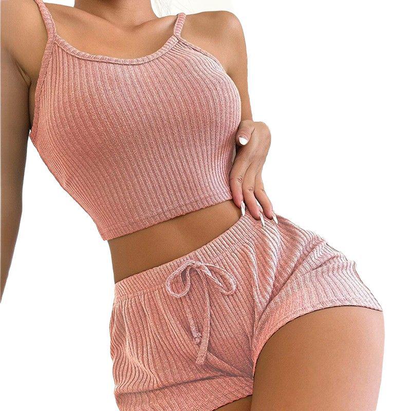 2025 European & American Style Spaghetti Strap Cropped Tank & Bottoms Women's Fashion Solid Color Set