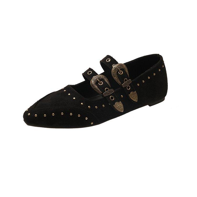 Soft leather version~ retro punk style inner height increase double buckle with rivets suede Mary Jane shoes fashionable shallow mouth small single sh