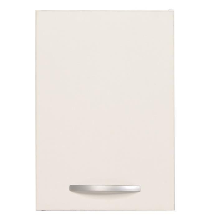 Meuble haut Oke (40 cm) en blanc mat, avec porte et tablette. Réalisé en panneaux de particules.