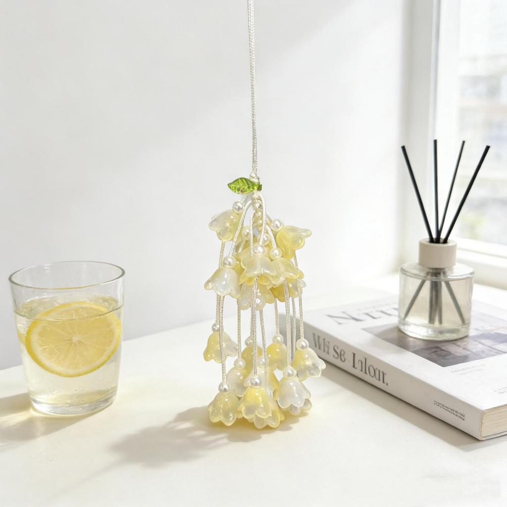 Maiglöckchen Rosa & Weiß Farbverlauf Anhänger - Chinesischer Stil Autoanhänger und Taschenanhänger, Kulturelles Geschenk