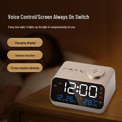 Rádio Despertador LED Controlado por Voz com FM, Exibição de Temperatura e Umidade.