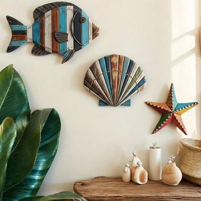 Lot de 3 Décoration Murale Thème Océanique Poisson en Bois Coquillage Étoile de Mer Art Mural Style Ferme Maison Salon Salle de Bain Ornement Suspendu Nautique Côtier