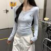 Women's Long Sleeved T-shirt Top Autumn Shoulder Embroidered Button T-shirt Long Sleeved Base Shirt