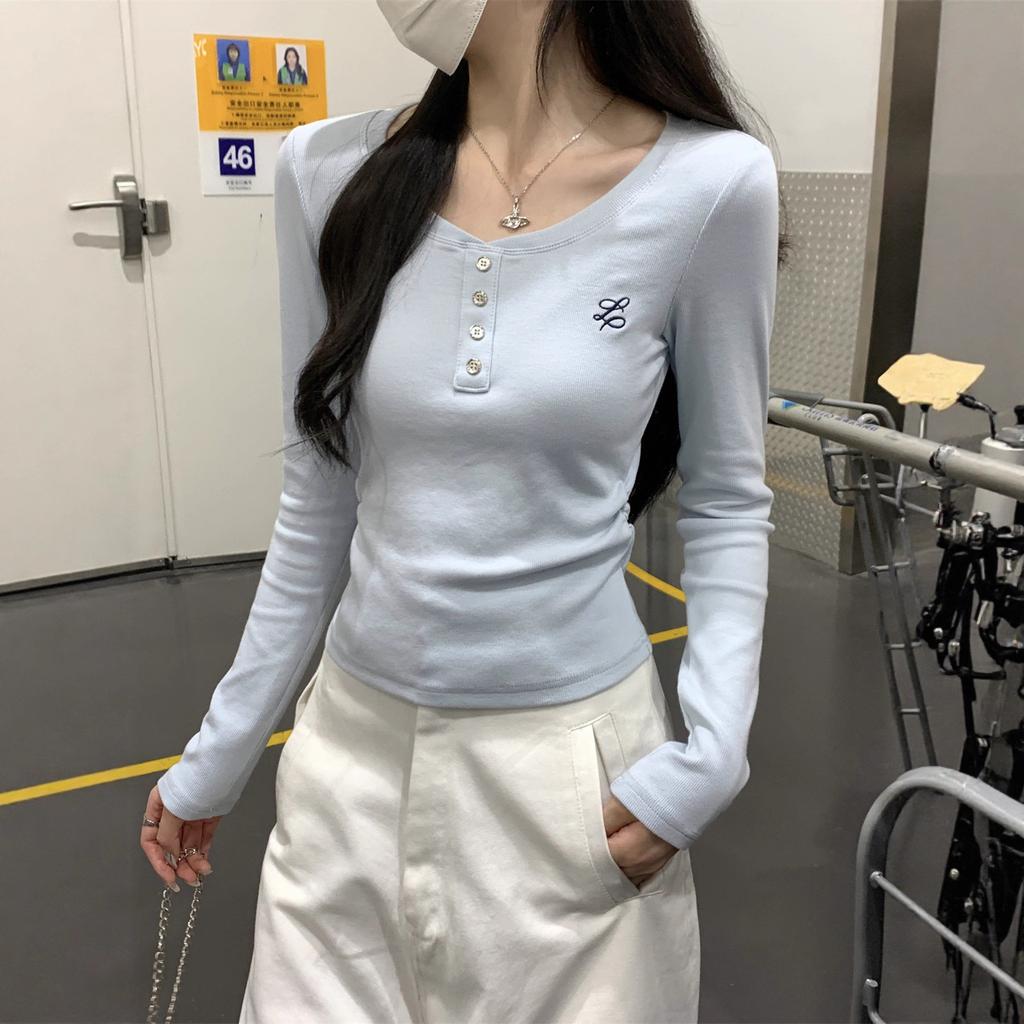 Women's Long Sleeved T-shirt Top Autumn Shoulder Embroidered Button T-shirt Long Sleeved Base Shirt
